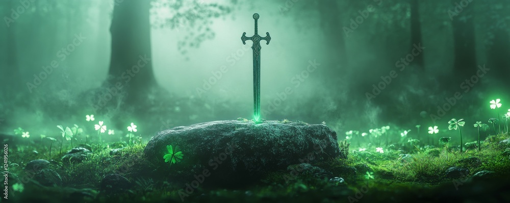 Poster a mystical sword is embedded in a glowing, enchanted forest.