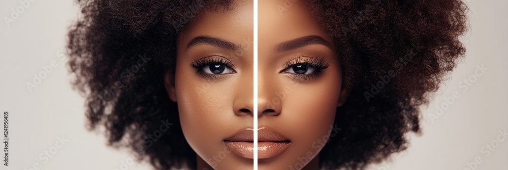 Poster split view of natural beauty and full makeup showcasing duality in appearance. generative ai
