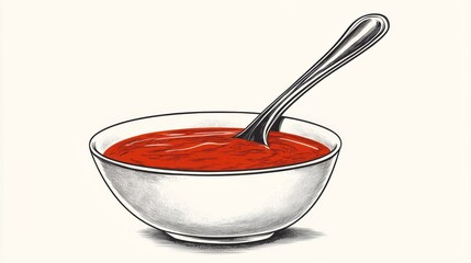 Red sauce in bowl, spoon, white background; recipe illustration