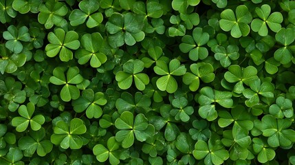 Four-leaf green clover for good luck on St. Patrick's Day, bright green background, holiday concept of spring, plant clover symbol