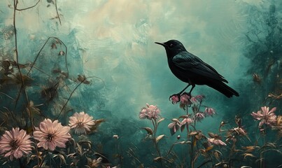 A black bird perched among pink flowers in misty surroundings.