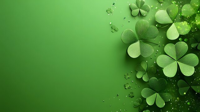 Four-leaf green clover for good luck on St. Patrick's Day, bright green background, holiday concept of spring, plant clover symbol