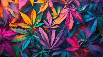 Marijuana leaves on a colorful background close up top view