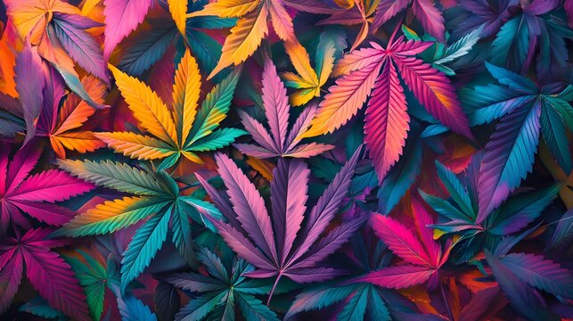 Marijuana leaves on a colorful background close up top view