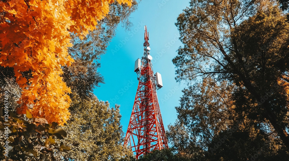 Poster cellular network transmission tower against a clear sky, symbolizing connectivity and technological 