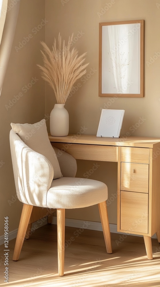 Aufkleber transforming a cozy corner into an inviting home workspace with warm wooden elements and soft textur
