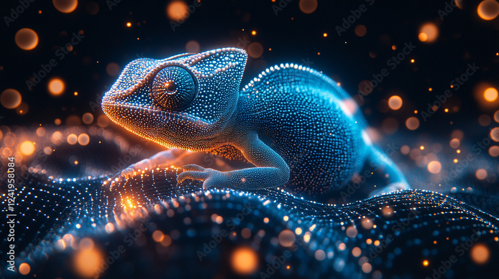 Poster a chameleon with cybernetic implants symbolizes adaptability and transformation in a futuristic worl