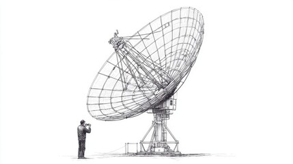 Scientist observing radio telescope, research, white background, space exploration