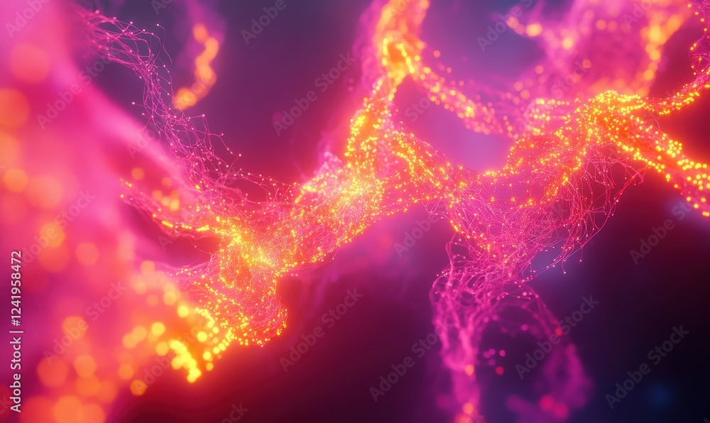 Poster abstract depiction of glowing nodes connected by flowing neon pink and orange lines, creating a dyna