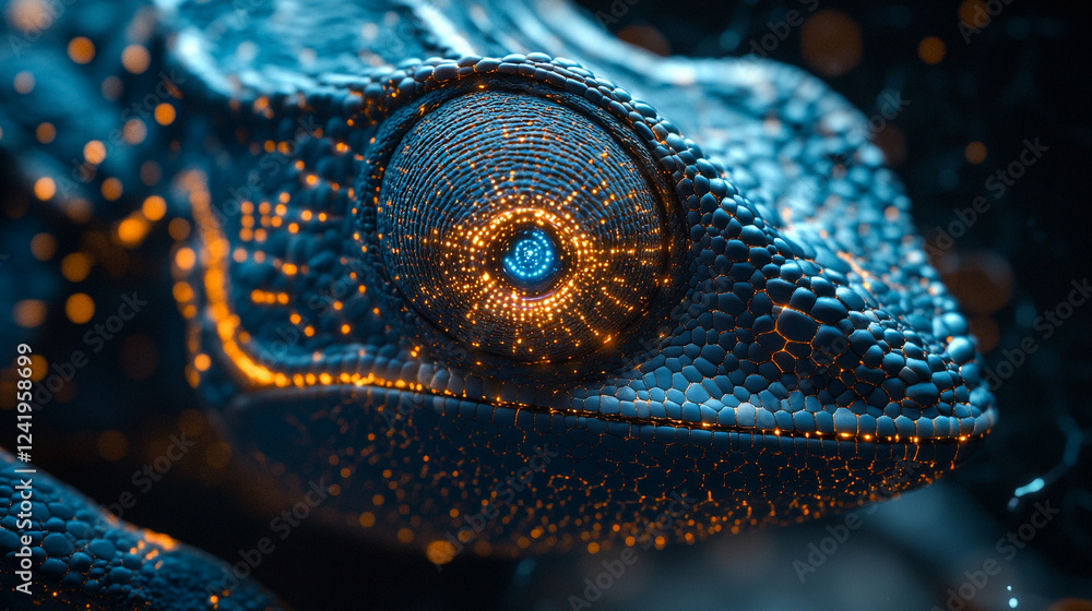 Poster a chameleon with cybernetic implants symbolizes adaptability and transformation in a futuristic worl