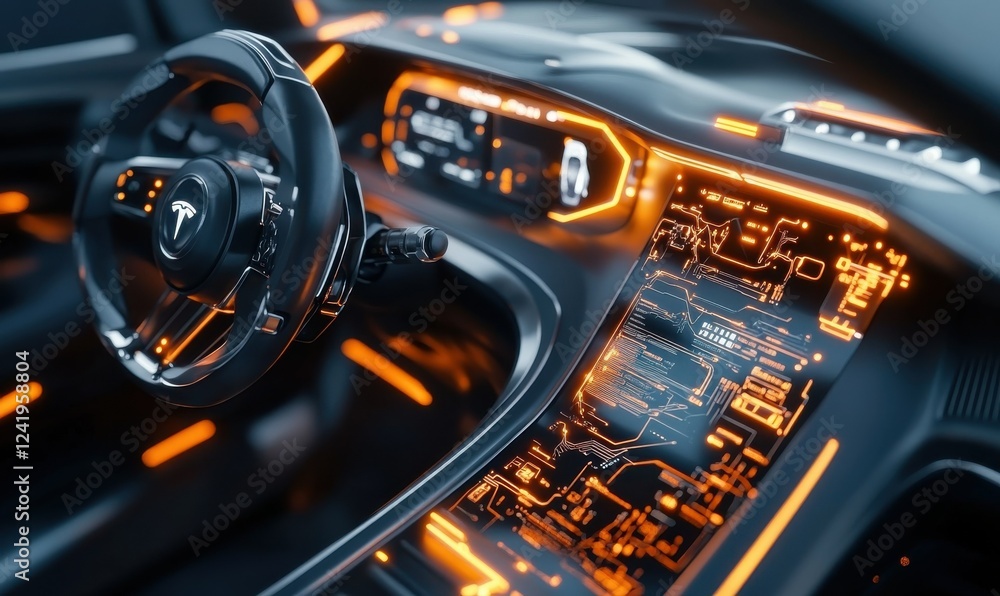 Poster abstract glowing circuitry embedded in a sleek electric vehicle dashboard, representing cutting-edge
