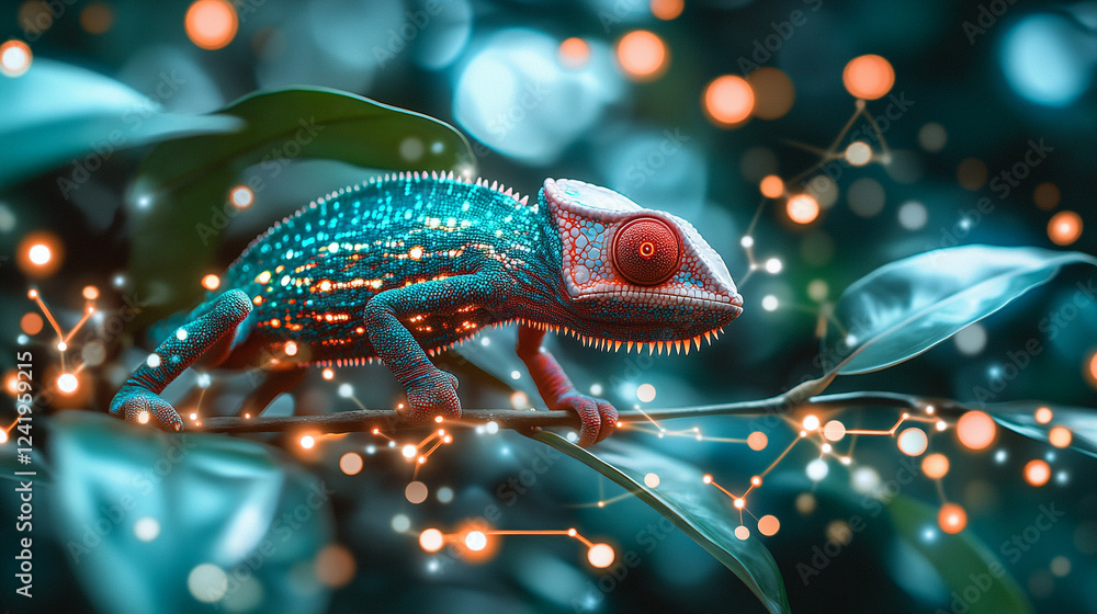 Poster a chameleon with cybernetic implants symbolizes adaptability and transformation in a futuristic worl