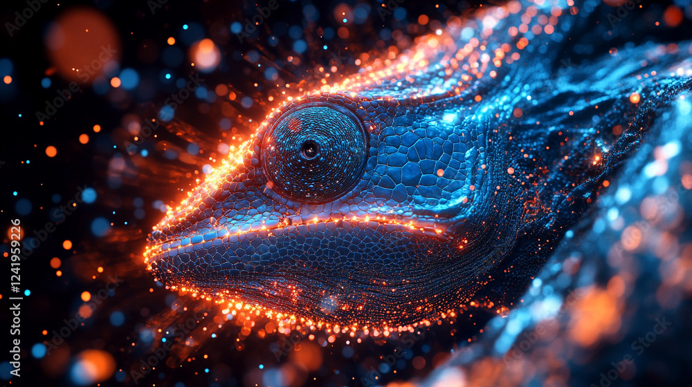 Poster a chameleon with cybernetic implants symbolizes adaptability and transformation in a futuristic worl