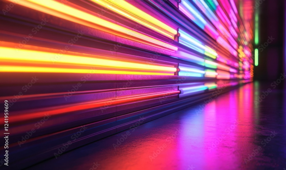 Poster abstract metallic surfaces reflecting vibrant neon light patterns, creating a futuristic and artisti