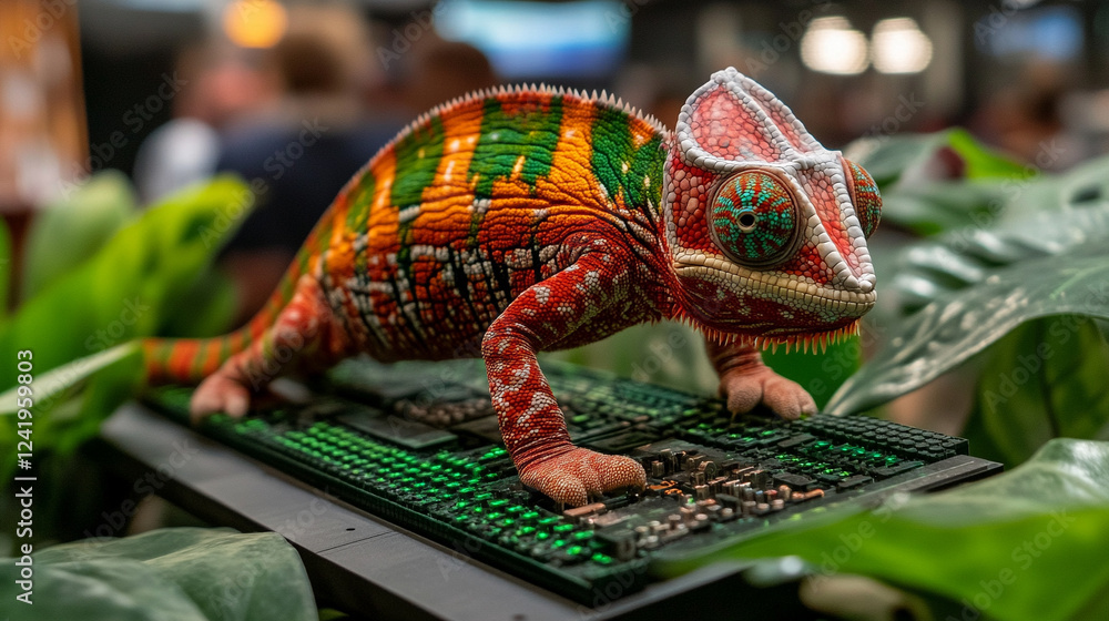 Poster a chameleon with cybernetic implants symbolizes adaptability and transformation in a futuristic worl