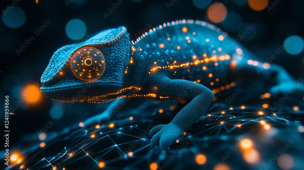 Poster a chameleon with cybernetic implants symbolizes adaptability and transformation in a futuristic worl