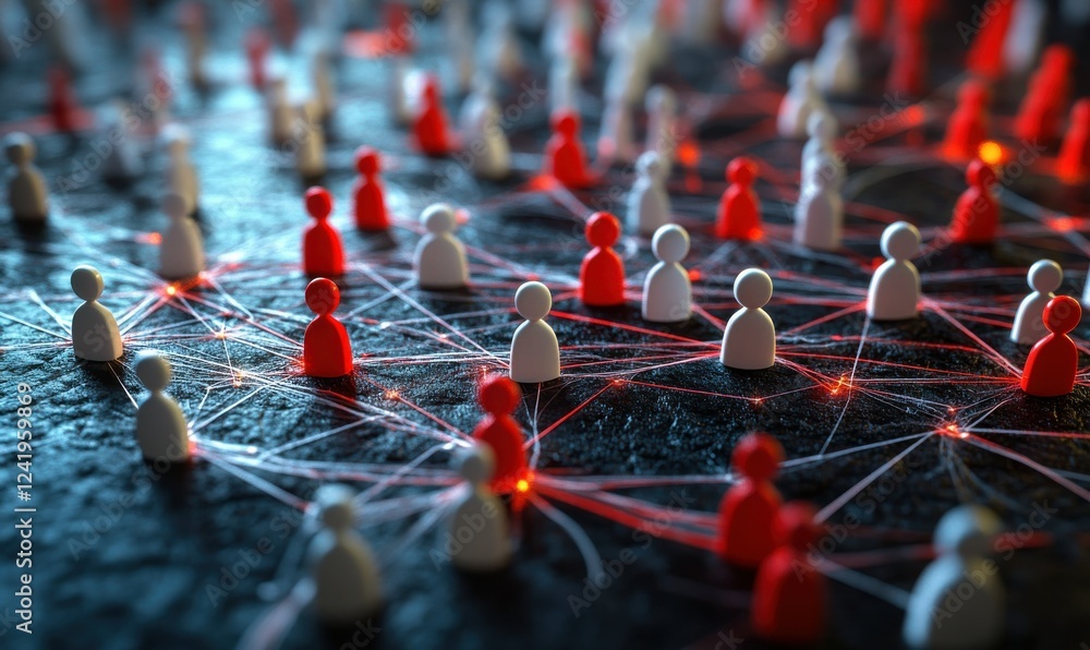 Poster abstract representation of social networking with red and white figurines connected by glowing threa