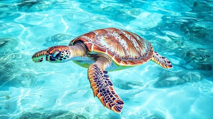 Fototapeta premium Colorful Sea Turtle Swimming in Clear Turquoise Water