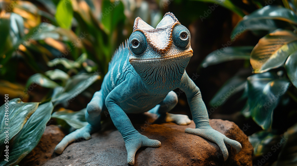 Poster a chameleon with cybernetic implants symbolizes adaptability and transformation in a futuristic worl