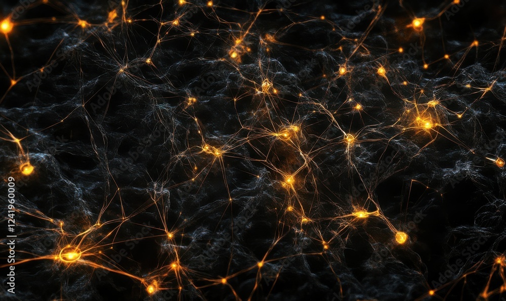 Poster abstract representation of urban connectivity with glowing nodes and lines on a textured black surfa