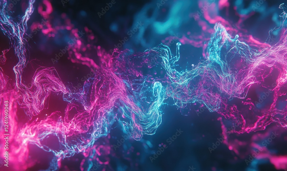 Poster abstract patterns of neon lines forming a swirling digital vortex of vivid magenta and teal.