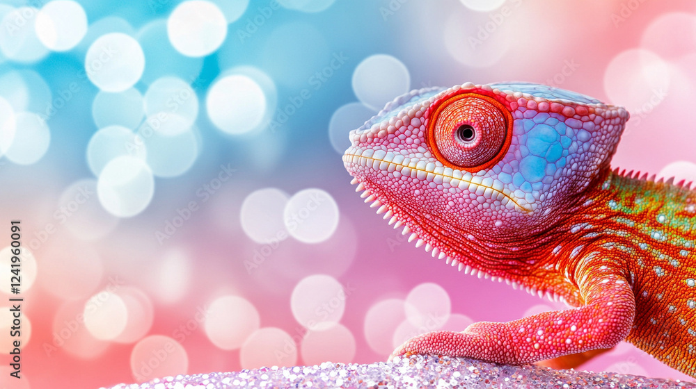 Poster a chameleon with cybernetic implants symbolizes adaptability and transformation in a futuristic worl