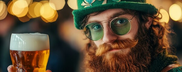 A bearded man wears green attire while holding a beer.