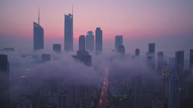 Modern asian megacity skyscrapers emerging through morning fog at pink sunrise. Aerial view of Chicago downtown business district covered in mist. Urban cityscape.