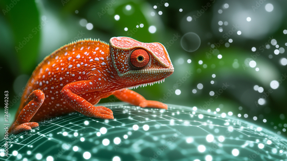 Poster a chameleon with cybernetic implants symbolizes adaptability and transformation in a futuristic worl
