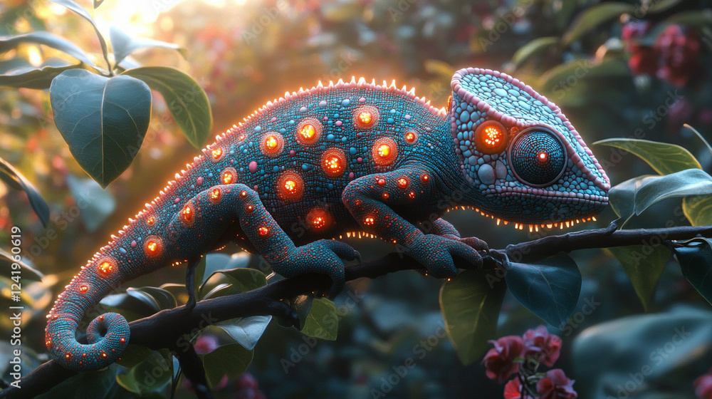 Poster a chameleon with cybernetic implants symbolizes adaptability and transformation in a futuristic worl