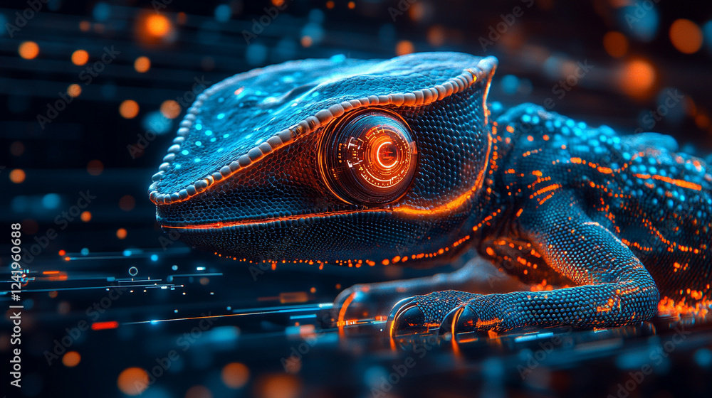 Poster a chameleon with cybernetic implants symbolizes adaptability and transformation in a futuristic worl
