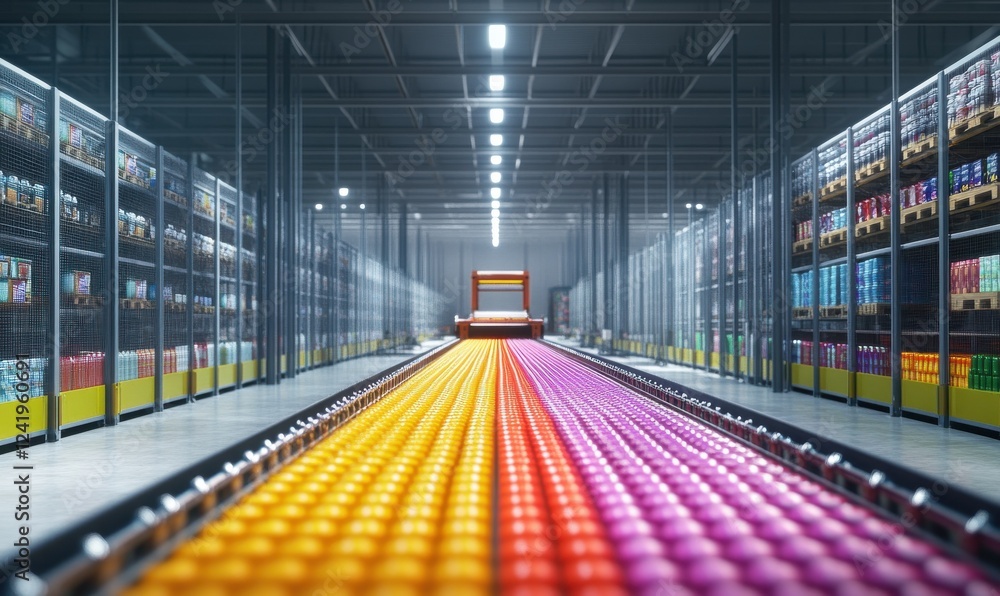Poster advanced conveyor belt system transporting colorful products in a high-tech warehouse.