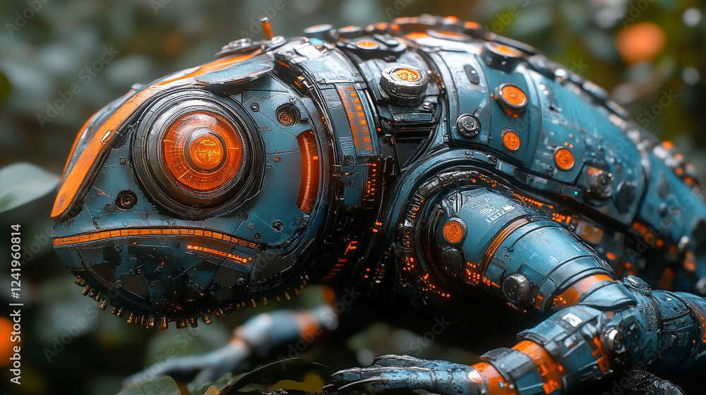 Poster a chameleon with cybernetic implants symbolizes adaptability and transformation in a futuristic worl