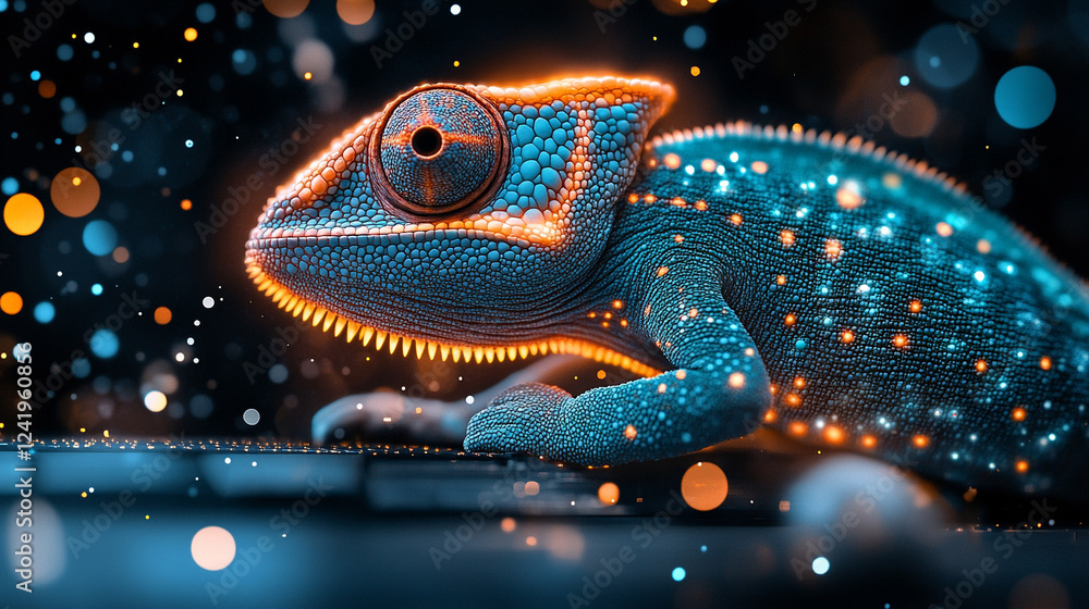 Poster a chameleon with cybernetic implants symbolizes adaptability and transformation in a futuristic worl