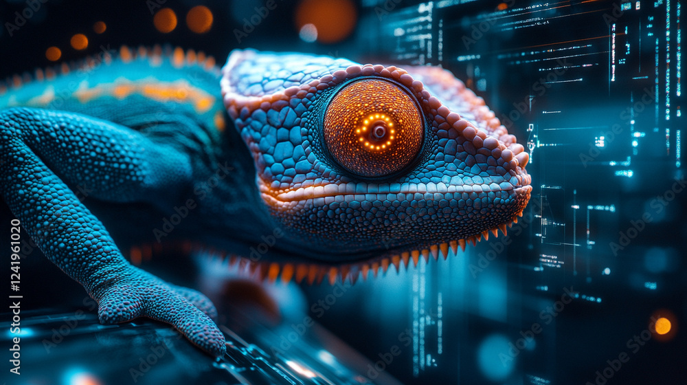 Poster a chameleon with cybernetic implants symbolizes adaptability and transformation in a futuristic worl