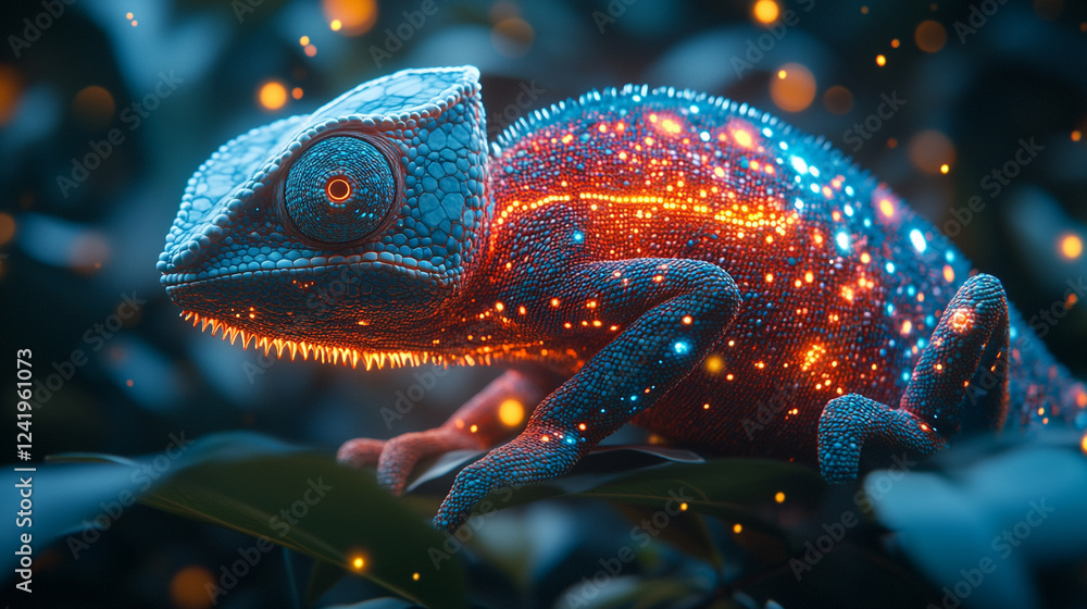 Poster a chameleon with cybernetic implants symbolizes adaptability and transformation in a futuristic worl