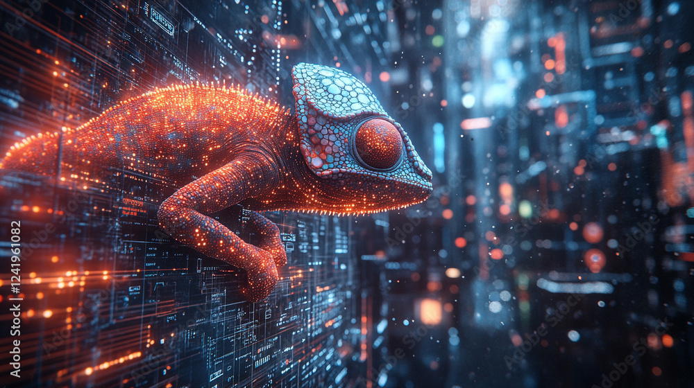 Poster a chameleon with cybernetic implants symbolizes adaptability and transformation in a futuristic worl