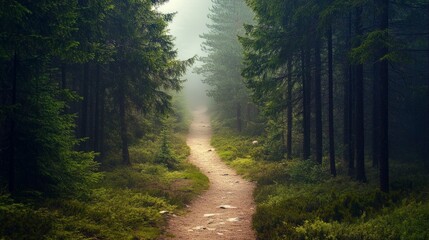 Fototapeta premium Serene Landscape of a Misty Forest Pathway Surrounded by Trees