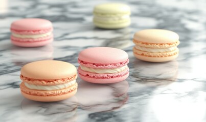 Obraz premium Colorful macarons arranged delicately on a marble surface, showcasing pastel hues and intricate textures