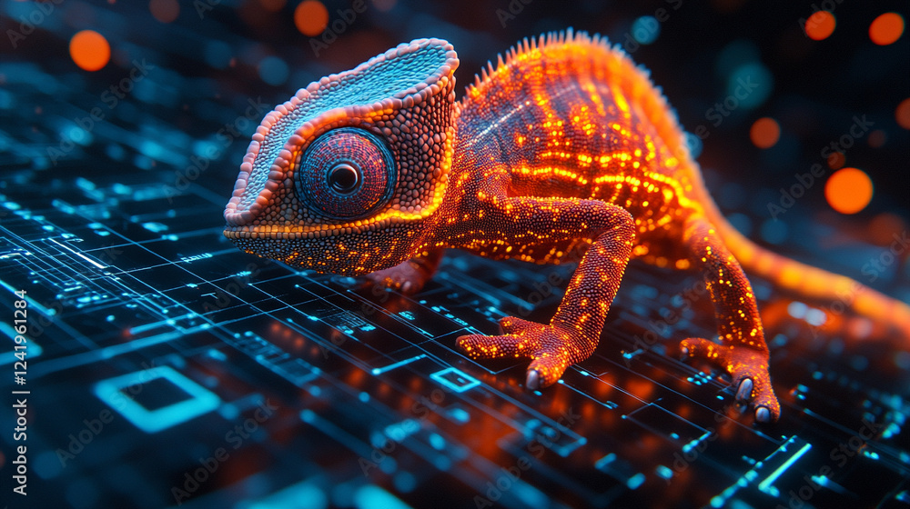 Poster a chameleon with cybernetic implants symbolizes adaptability and transformation in a futuristic worl