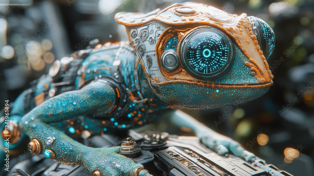 Poster a chameleon with cybernetic implants symbolizes adaptability and transformation in a futuristic worl