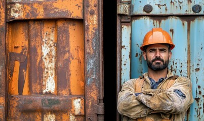 Confident worker in hard hat against a rusty container doo