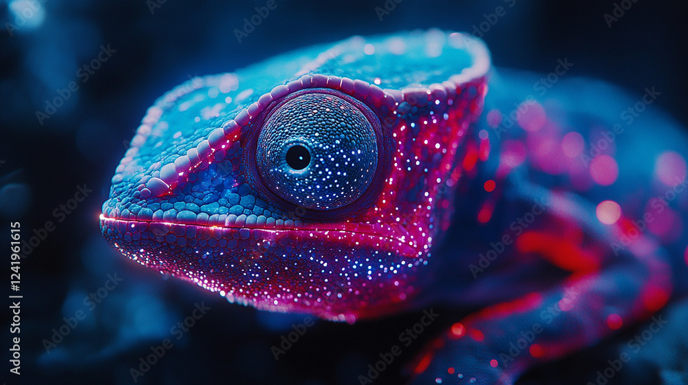 Poster a chameleon with cybernetic implants symbolizes adaptability and transformation in a futuristic worl