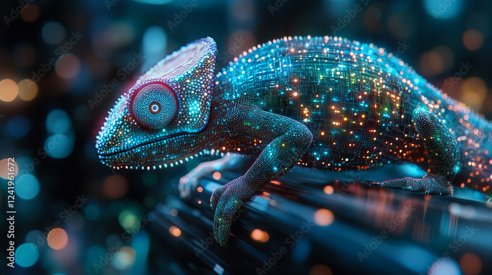Poster a chameleon with cybernetic implants symbolizes adaptability and transformation in a futuristic worl