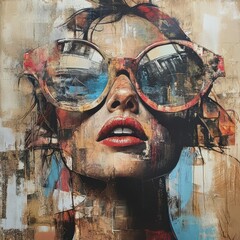 Abstract painting of woman wearing large glasses, bold colors.