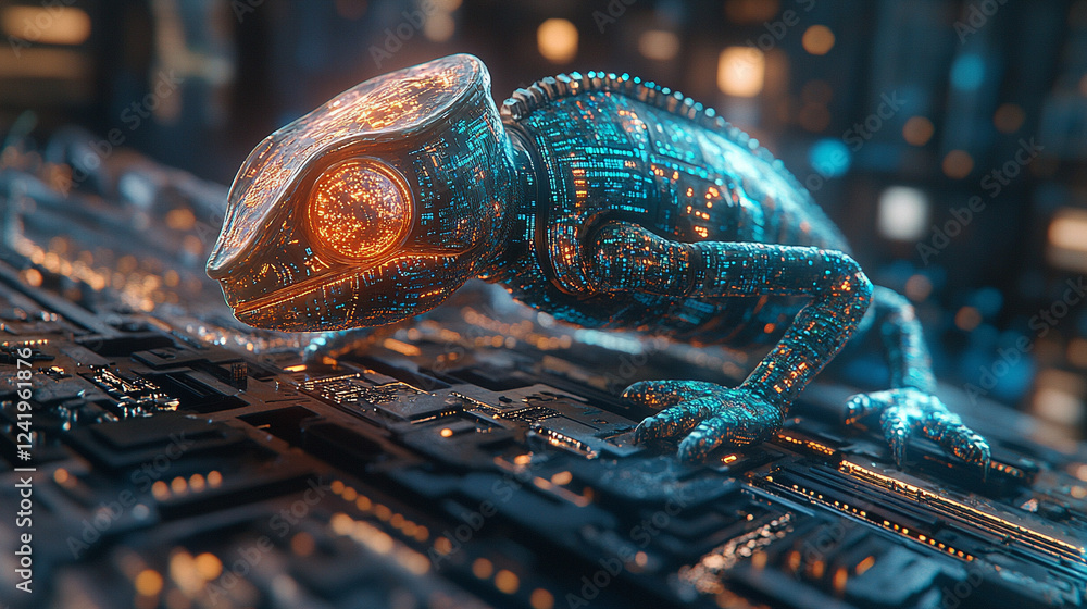 Poster a chameleon with cybernetic implants symbolizes adaptability and transformation in a futuristic worl