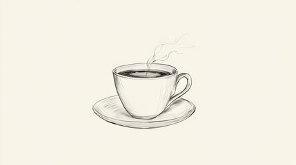 Steaming coffee cup on saucer, minimalist sketch