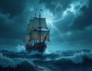 Fototapeta premium A pirate ship sailing through a storm, crashing waves, lightning in the sky.