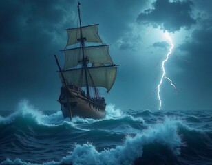 A pirate ship sailing through a storm, crashing waves, lightning in the sky.
