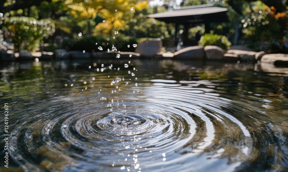 Poster crystal-clear droplets of water splashing into a calm pond, with concentric ripples spreading across